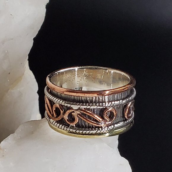 Sterling Silver 925/14k Rose Gold plated Band Boho Artisan Silversmith Ring - Picture 2 of 7